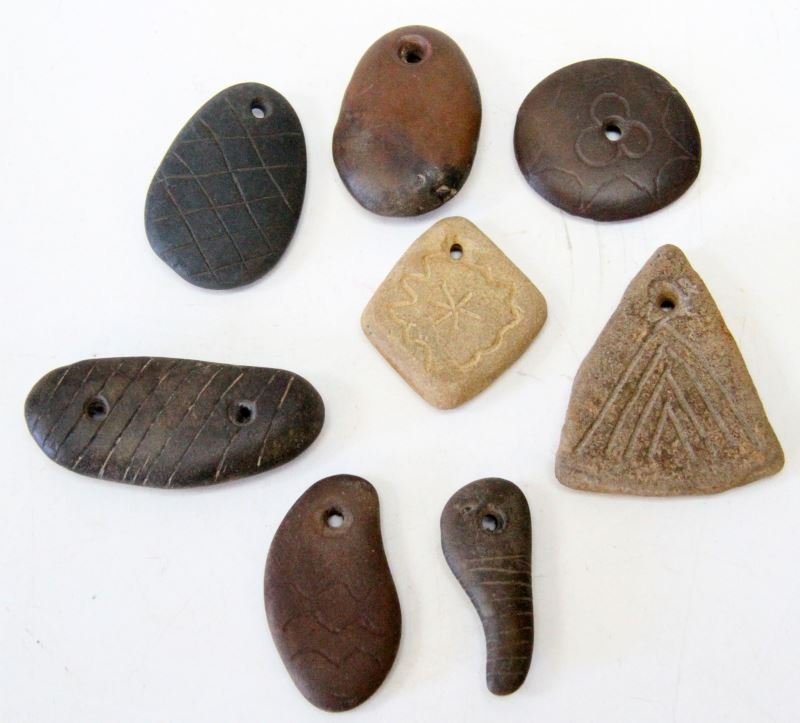 WOODLAND PERIOD GORGET & INCISED PENDANT LOT OF 8: Purchased from the Appalachian Primitive Museum by long time north Alabama private collector in 1984, museum was located in Heflin Alabama, variety of smaller 1 to just over 2 inch Gorget and or Penda