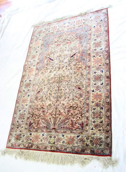TURKISH KAYSERI SEMI ANTIQUE SILK PRAYER RUG: Silk on silk hand loomed prayer rug from Ipek. Labeled "Lapis Istanbul". With very tight weave, High knot per inch count (over 300 KPSI). Tree of life pattern with birds. Natural dyes, multiple border