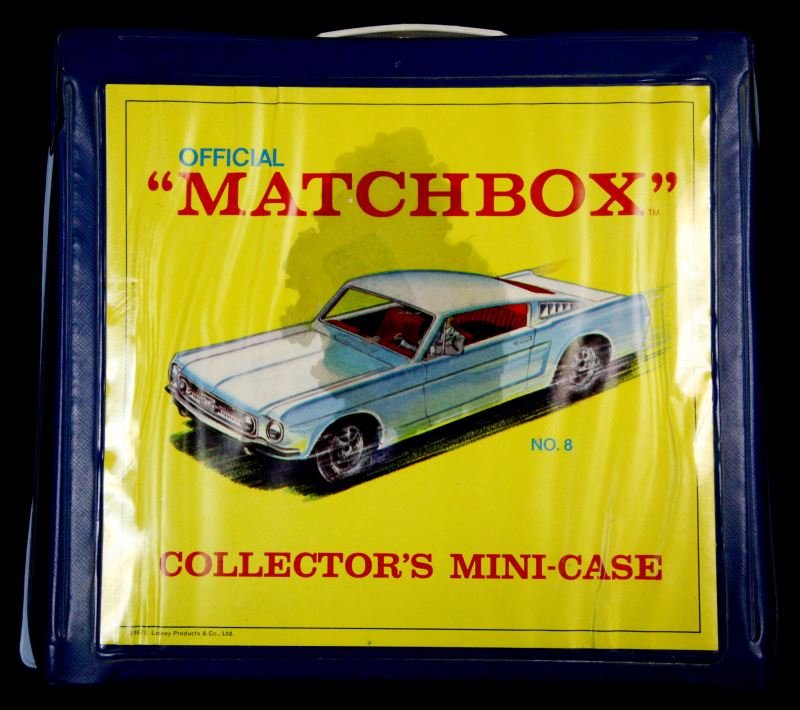 13 1960'S LESNEY'S MATCHBOX CARS & 1967 CASE: Very good condition cars, 80% to mint, in 1967 case, cars and trucks as follows, Daimler Bus, Volkswagen 1600TL, Routemaster bus, GMC Tipper Truck, Ferrari no. 73, Lamborghini, Volkswagen Camper, Merc