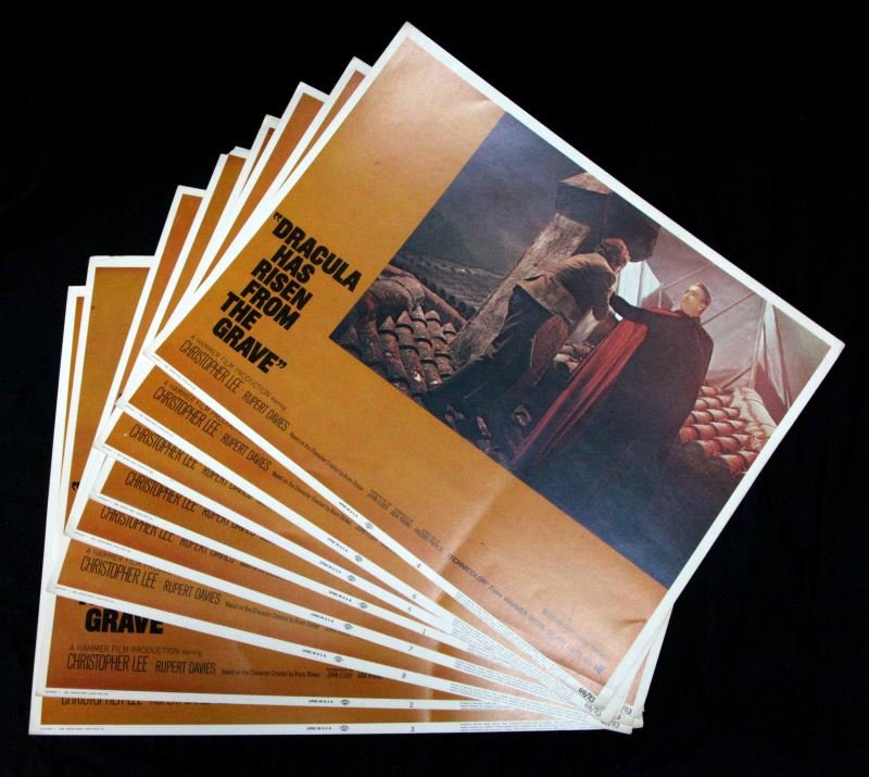 DRACULA HAS RISEN FROM THE GRAVE 1969 LOBBY CARDS: Eight Dracula Has Risen From the Grave (Warner Brothers, 1969) lobby cards, Starring Christopher Lee & Rupert Davies, measures approximately 14 by 11 inches. Slight yellowing, creasing and tearing is 