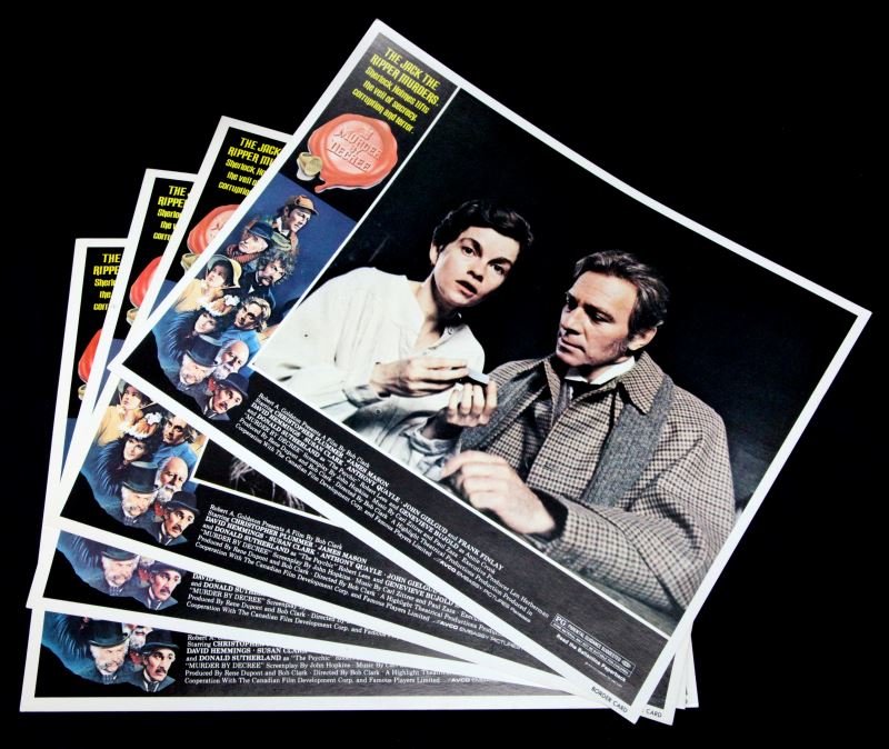 MURDER BY DECREE 1978 SHERLOCK HOLMES LOBBY CARDS: Four Murder by Decree (1978) lobby cards, starring Christopher Plummer and James Mason. Measures approximately 14 by 11 inches. No rips or tears present. Overall very good condition. 0