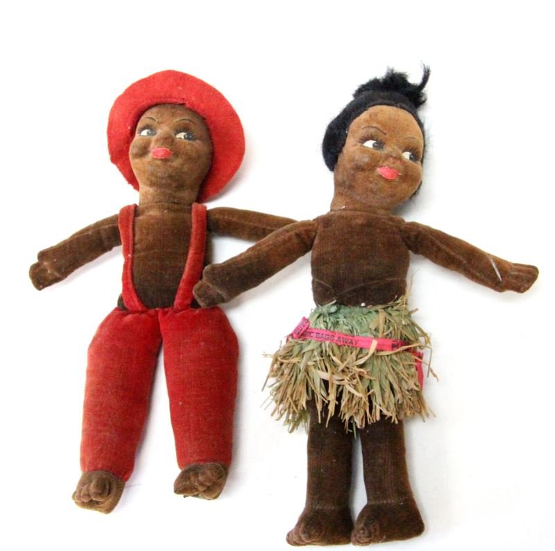 LOT VINTAGE NORAH WELLINGS ISLANDER DOLL 8 INCHES: Made in England by Norah Wellings, 6 inch dolls. Both are brown velveteen dolls, with plush bodies. One wears a grass skirt and the other wears overalls and a hat. In very good condition, but the gras