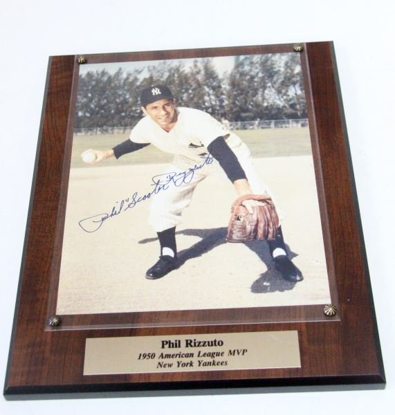 SIGNED MOUNTED PHOTO OF MVP PHIL RIZZUTO WITH COA: 8 by 10 inch color photo signed (Phil "Scooter" Rizzuto). Plaque reads "Phil Rizzuto / 1950 American League MVP / New York Yankees. With C.O.A. from THE LEFTFIELDER is affixed to back and letter is at