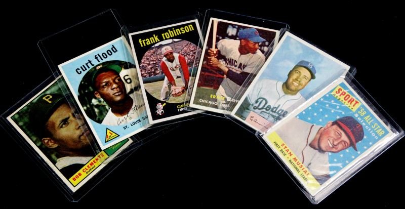 CLEMENTE MUSIAL ROBINSON & MORE BASEBALL CARD LOT: Great selection of better player and grade cards, as follows with approximate grades, Clemente Topps 388, 6 or better, Musial Topps 476, 5, Flood Topps 353, well centered near mint 7, Frank Robinson T