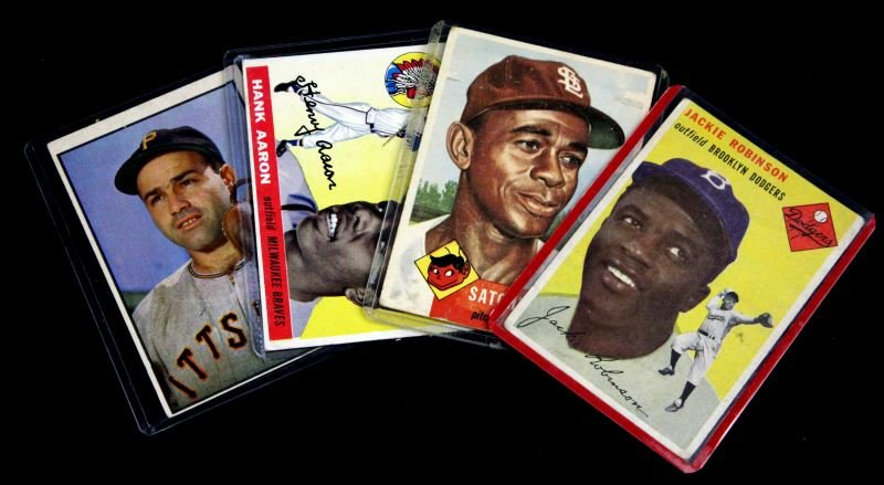 JACKIE ROBINSON SATCHELL PAIGE HANK AARON BASEBALL: Four better player cards, name, Topps number and approximate grade, Garagiola 21, 4, Aaron 47, 4, Paige 220, 2, Jackie Robinson 10, 2, all 1950's golden cards. 0