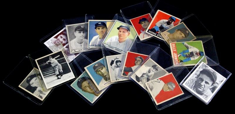 17 NY YANKIES 1940'S GOLD BASEBALL CARD COLLECTION: Condition ranges from 2 to 4. Consisting of: Johny Lindell 11 Bowman Gum Inc., Frank Rosetti 113 and John Strum 114 Double Play, George Stirnweiss 35 Bowman Gum Inc, Gerry Coleman 201 Bowman Gum Inc, 
