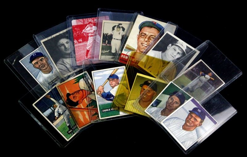 COLLECTION OF 13 BASEBALL CARDS 1930'S 40'S 50'S: Collection of 13 cards, grades ranging from 2 to 4, consisting of: Leo Ernest Durocher 6 Gum Inc. Philadeplhia PA, Dominic Paul DiMaggio 149 T.C.G., Bobby Brown Bowman Gum 1950, Eddie Lopat, Gus Niarh