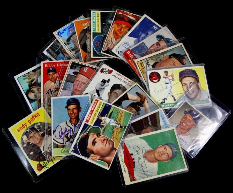 LOT OF 20 SIGNED BASEBALL CARDS FROM 1950'S & 60'S: All guaranteed authentic with grade ranging from 2 to 5. Consisting of: Gerry Staley 17, Henry John Sauer 41, Vern Law 12, Leo Durocher 321, Wally Moon 5, Gilbert Fitzgerald Coan 133, Hank Bauer 398, 