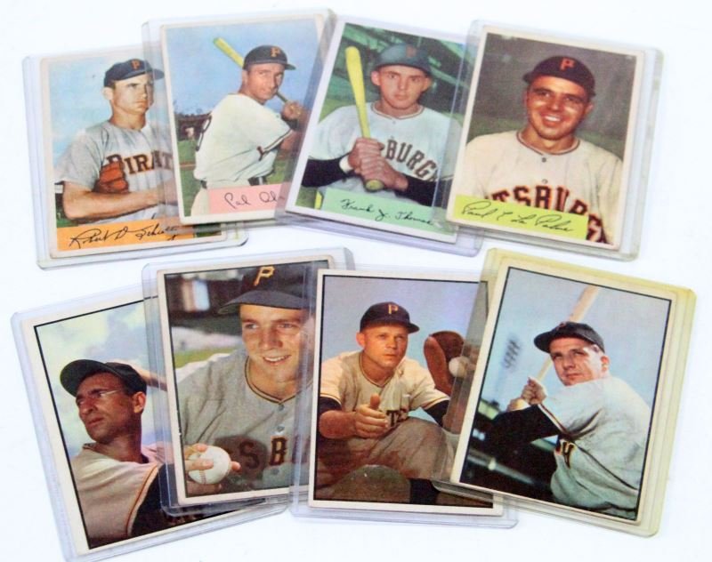 1953/54 TOPPS PITTSBURGH PRATES 8 BASEBALL CARDS: Included are 1953 Topps #16 Bob Friend (G), #80 Ralph Kiner (G), #147 Clem Koshorek (G) & #160 Cal Abrams (G). Also include are Topps 1954 #59 Bob Schultz (F), #91 Cal Abrams (g), #107 Paul La Palme (