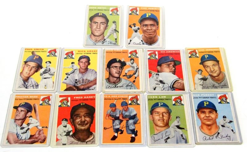 12 TOPPS BASEBALL CARDS 1954 PITTSBURGH PIRATES: Included are #11 Smith, #16 Janowicz, #43 Groat (VF), #72 Ward, #75 Haney, #84 Cole, #139 The O'Brien Brothers, #161 Hetki, #202 Purkey, #228 Hermanski, #235 Law & #242 Roberts. All are in good to ver