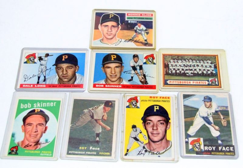 8 TOPPS BASEBALL CARDS 1950'S PITTSBURGH PIRATES: Included are three Roy Face cards, 1953 #246 (VG), 1954 #87 & 1957#166. There are two Bob Skinner cards,1955 #88 & 1959 #320 (VG). There is a 1955 Dale long #127, a Ronnie Kline #94 & a 1957 team card