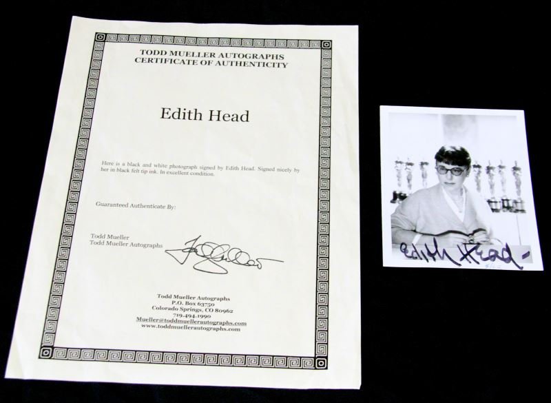 PHOTOGRAPH SIGNED BY EDITH HEAD WITH COA: Photograph comes with COA from Todd Mueller Autographs. Overall in very good condition. 0