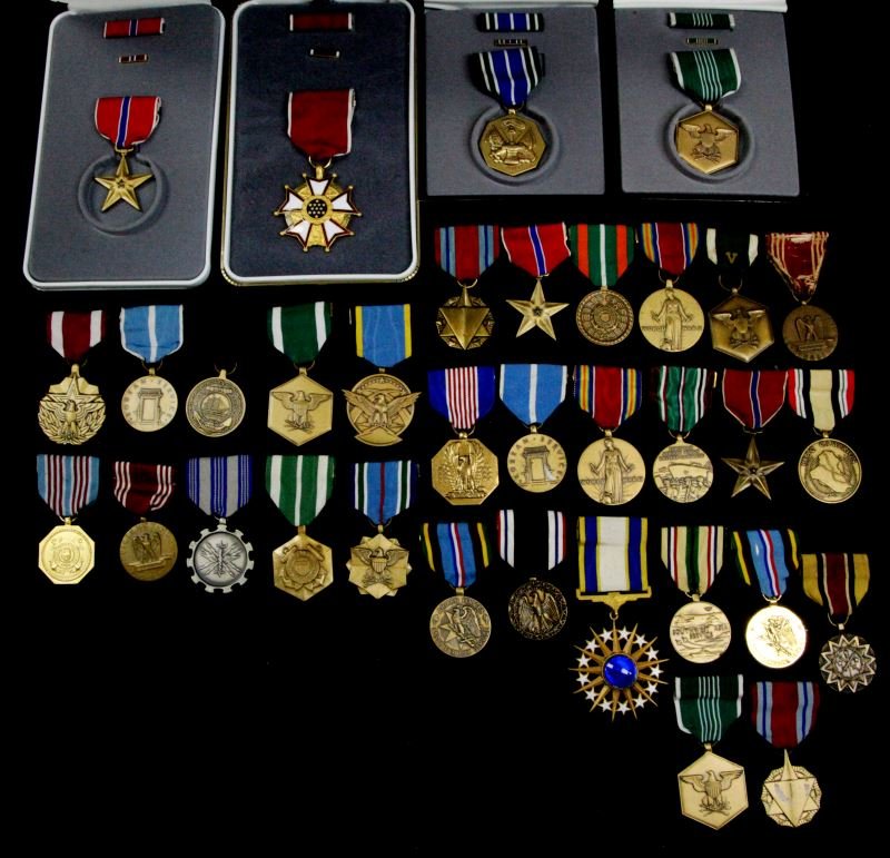 LOT OF 34 WWII TO DESERT STORM U.S. MEDAL 4 BOXED: Bronze stars, Legion Of Merit this one boxed, Campaign, Military Merit,Expeditionary, and many more.
