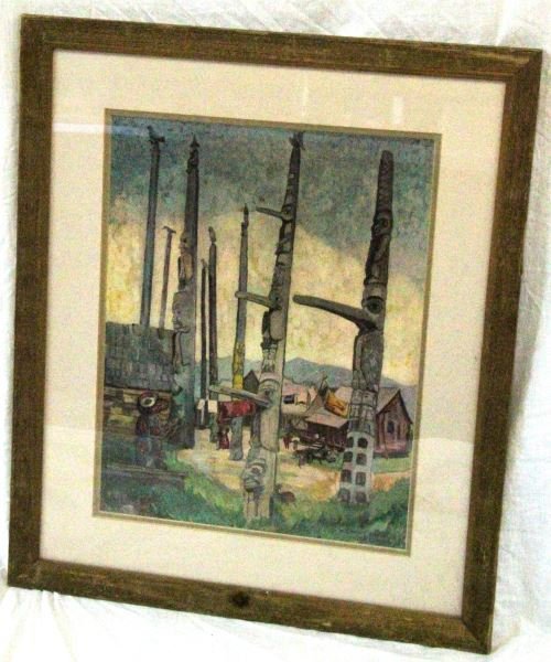 M. EMILY CARR KITSEUKLA 1912 TOTEM PRINT FRAMED: Kitseukla totem print (1912) by Emily Carr: painter of British Columbia forests and West Coast Indian Villages, born in Victoria in 1871 and died there in 1945. Framed, measures 26 by 21.5 inches. Rou