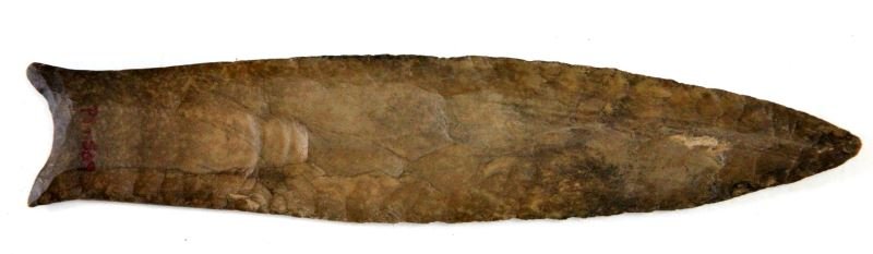 SUPERB 6 INCH CUMBERLAND PALEO ARROWHEAD: Acquired from the Appalachian Primitive Museum in 1984 and still retains inventory number, chert atypical to the northern Alabama southern Tennessee region random flaking and ridged to accommodate the