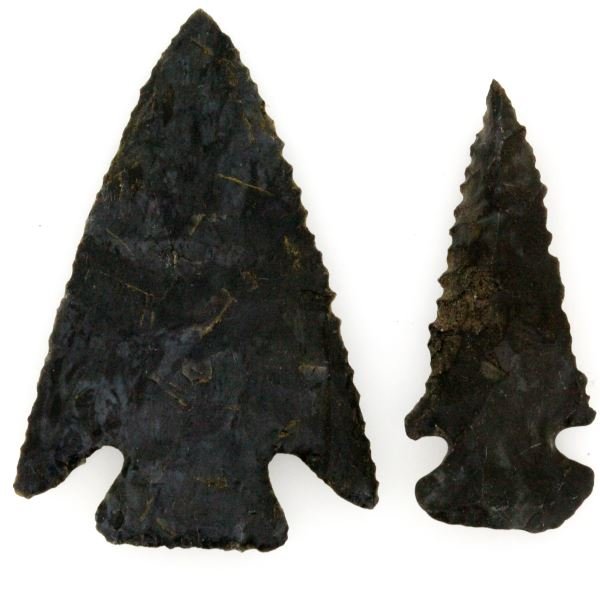 BOLEN BEVEL & ARCHAIC CLAY ARROWHEAD LOT OF 2: Rich black north Alabama chert the Clay has broad opposing flaking style and measures three inches, the Bolen is 2.5 inches.