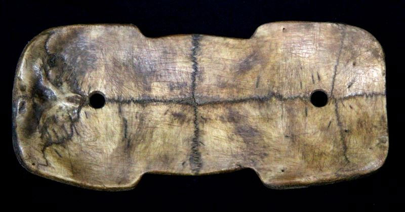 MISSISSIPPIAN CULTURE TURTLE SHELL 2 HOLE GORGET: From long time collection of Native American artifacts dating to the 1940's, somewhat polished, measuring just under six inches.