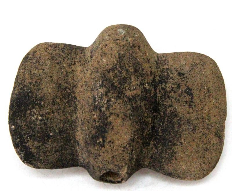 NATIVE AMERICAN WINGED BARREL BANNERSTONE: Winged or Butterfly Barrel Bannerstone made from a porous stone which at some point had a black finish. Bannerstones were possibly used on the end of spears as weights, but this is currently debated. 