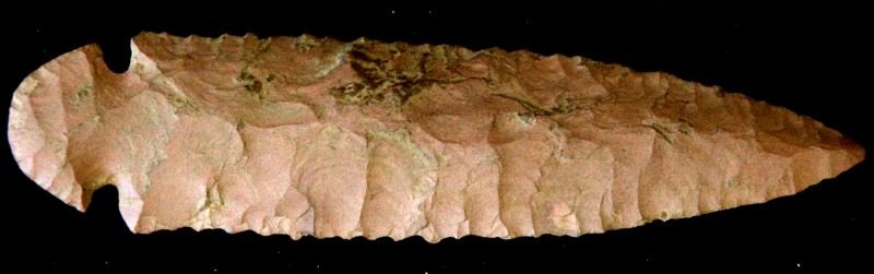 5.5 INCH LEE COUNTY AL.DOVETAIL ARCHAIC ARROWHEAD: Pink possible Ft. Payne Chert Dovetail point, Museum marked Lee County Alabama, free of damage or repairs mostly random flaking to the center with opposing style to the edges.