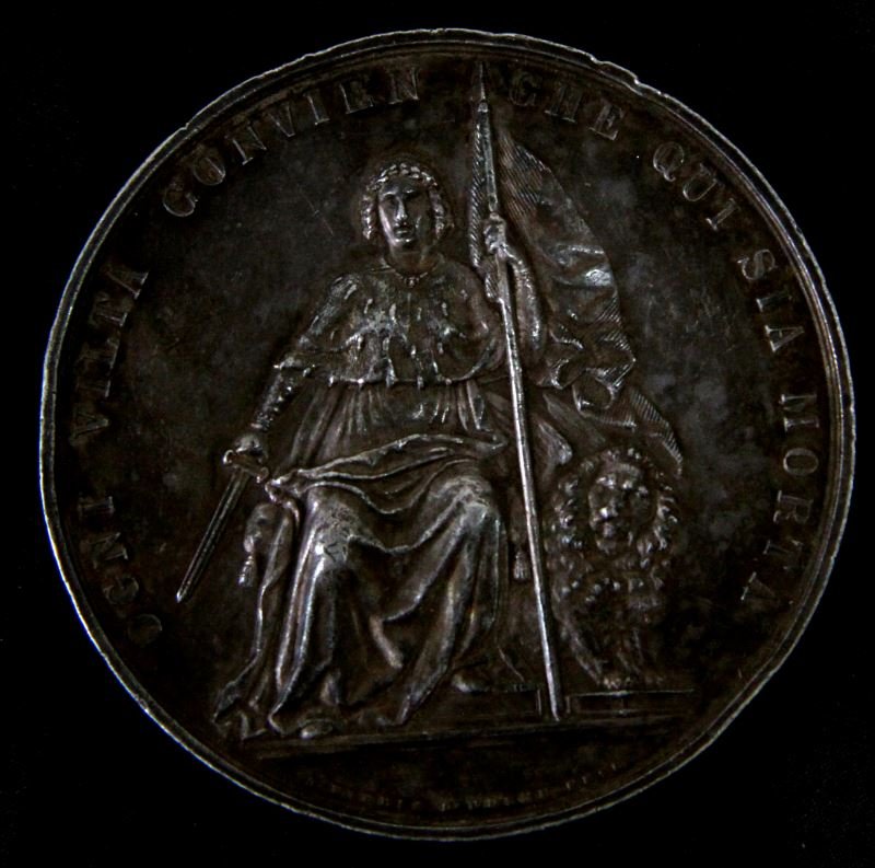 ITALIAN 1849 ASSEMBLY OF VENICE SILVER MEDALLION: Weighing 65grams and being 2 inches in diameter. Seated Venice on obverse with flag and lion of St. Mark behind. Reverse has names and date April 11, MDCCCLXIX. Very good condition with tarnish and to