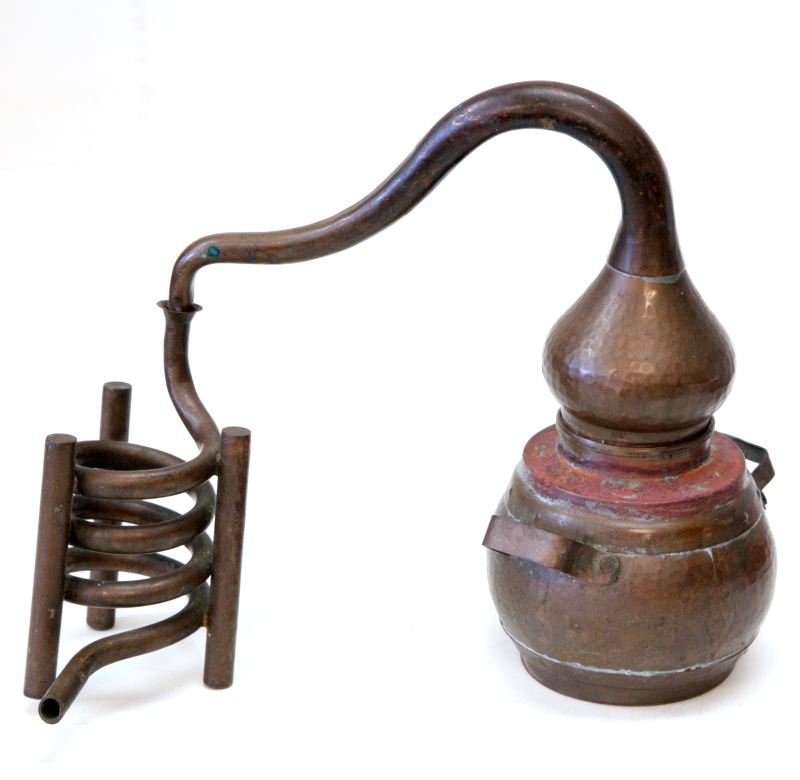 VINTAGE MINIATURE COPPER ONION HEAD STILL: Featuring hand hammered boil pot with handles measuring 4 inches in diameter and 4 inches tall. Onion head top and lead tube is 8 1/4 inches across. Coiled condenser on tripod stand measures 3 3/4 inc