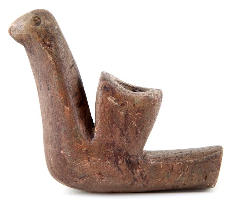 WOODLAND PERIOD POLISHED STONE BIRD EFFIGY PIPE: Measuring 4.5 inches by 5 inches, some very light plow strikes, very good.