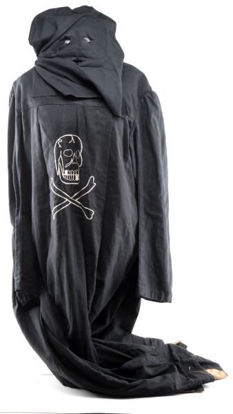 EARLY 1900'S KKK KNIGHT RIDER SECRET SOCIETY ROBE: Hard to find robe dating to the early 1900's. Black cotton with lining. Attached hood with cut out eyes and mouth holes. Six snap closures on back. White embroidered skull & cross bones on pleated fro