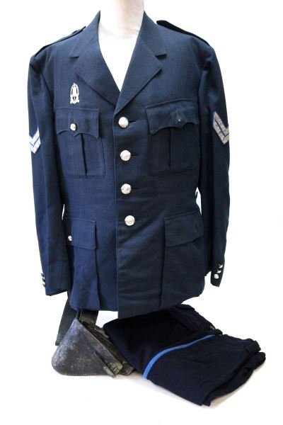 NETHERLANDS SCHIEDAM MUNICIPAL POLICE UNIFORM: Post WWII Schiedam municipal police uniform. This uniform has the tunic, trousers, shirt, tie, belt and holster. The tunic has a full set of buttons with the Dutch municipal emblem and motto "Vigilat 
