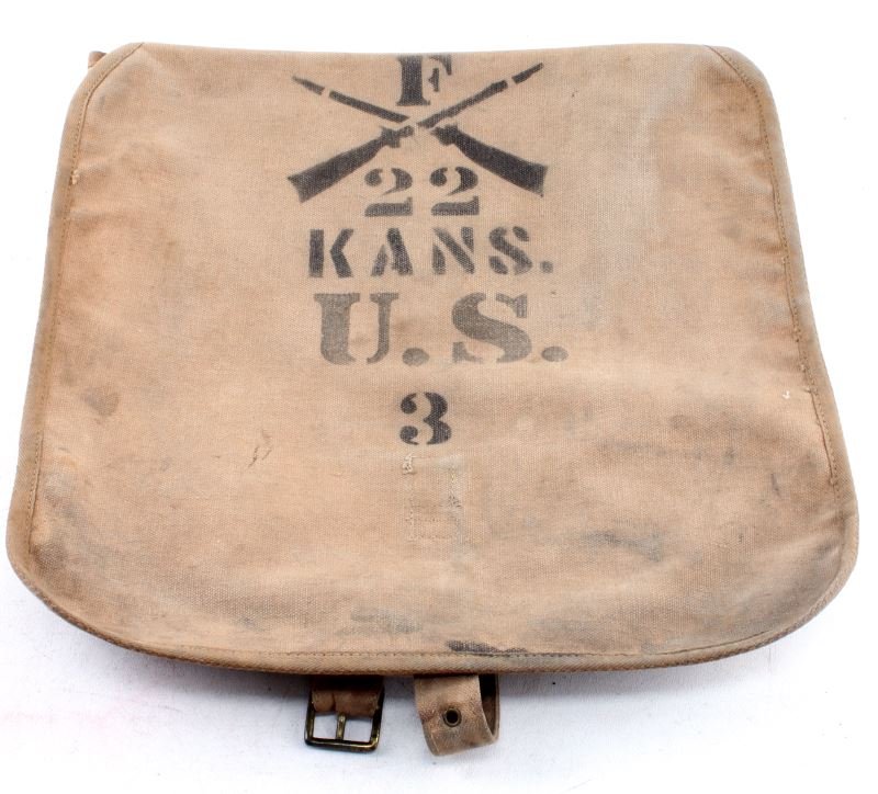 INDIAN WARS HAVERSACK RARE F 22 KANS INFANTRY 3: U.S. Infantry haversack. Stenciled with "F 22 KANS. U.S. 3". In good to very good condition with some staining and strap being absent. From the Clifford Weaver Collection.