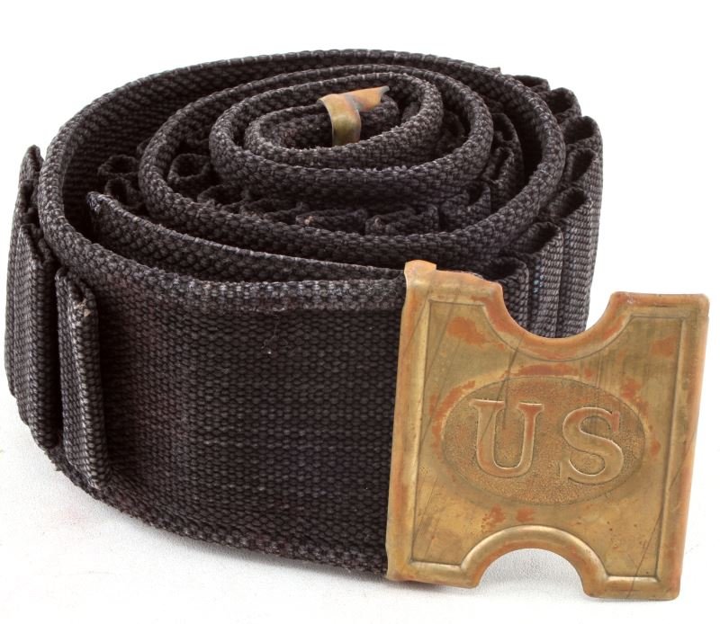 MILLS 45/70 SPAN-AM CARTRIDGE BELT WITH US PLATE: Original blue Mills belt with 45 loops for 45/70 rounds. Stamped "US" buckle is marked on back of tongue with "Anson Mills, Pat. Feb. 1, 81". Inside of belt is stenciled with "Co I, 2nd. 6 1". There i
