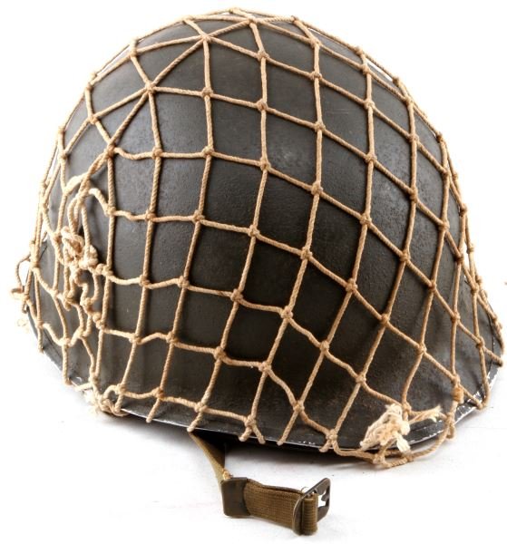 WWII M1 HELMET ORIGINAL PAINT W LINER & FIXED BALE: WWII Model 1941 M1 helmet with fixed bales, sewn chin straps, liner, and D-day crown cover. Original WWII paint. Liner in good condition except for two small cracks. Westinghouse W logo printed on ins