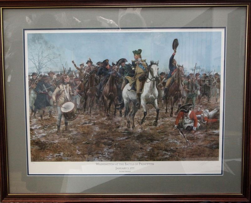 DON TROIANI SIGNED LITHO WASHINGTON AT PRINCETON: Signed in Pencil and numbered 26/450 litho by Don Troiani "Washington at the Battle of Princeton". Image size is 21 by 29 inches, double matted and framed in wood frame. Overall size is 30 by 37.5 inc