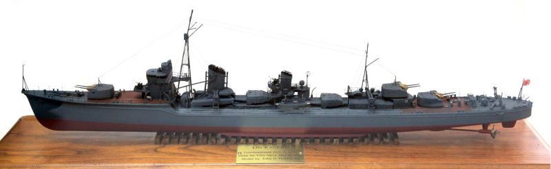 JAPAN IJN KAGERO SHIP MODEL BY JOHN FICKLEN: Used by the Imperial Japanese Navy in WWII, this is a model of the IJN Kagero destroyer. This model takes care to include even the smallest of details, it is handcrafted and painted by John D. Ficklen