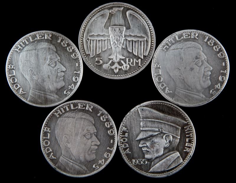 5 GERMAN THIRD REICH ADOLPH HITLER COINS: Light show of age present to coins; overall in very good condition. Unauthenticated.