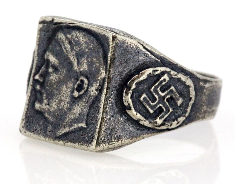 GERMAN THIRD REICH WWII NSDAP ADOLPH HITLER RING: Ring weighs approximately 9 grams and measures to size 13. Light show of age present to ring; overall in very good condition. Unauthenticated.
