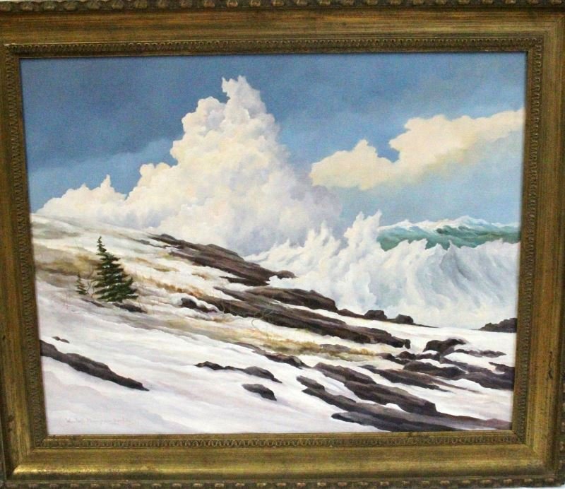 MAINE PAINTING BY WENDELL THOMPSON PERKINS: Large painting of Cape Elizabeth off Portland harbor by Wendell Thompson Perkins (signed LL) on 29 by 36 inch canvas. Overall framed size in original rustic wood frame is 37 by 44 inches. In very good
