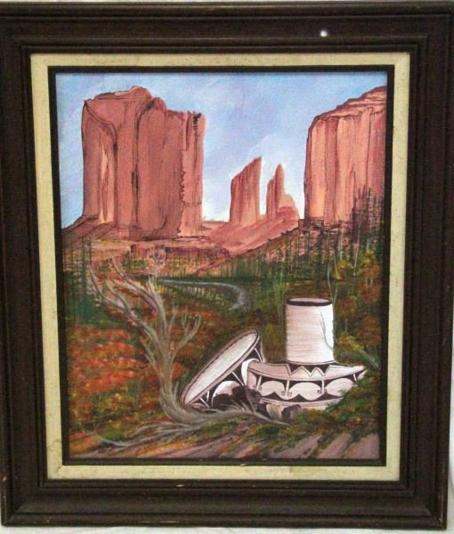 ARIZONA SAND ART LANDSCAPE 20TH CENTURY: Sand art painting showing the Arizona landscape and culture. The work uses red earth tones, reminiscent of the Arizona landscape. The work is framed, and has scrapes, but the item is in overall very g