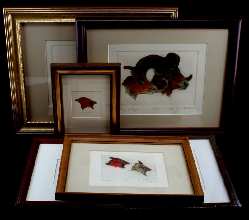 GROUP OF HAND COLORED ETCHINGS ALAN J ROBINSON: Group of 6 framed etchings by Alan James Robinson (American b. 1950). All but one are hand-colored and numbered. Depictions of tortoise, birds, sheep, and a bear are included. Artist signed in pencil