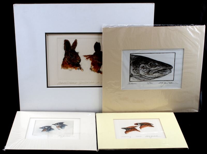 GROUP OF 4 HAND PAINTED ETCHINGS ALAN J ROBINSON: Group of 4 hand-painted etchings by Alan James Robinson (American b. 1950). The largest is a Special Edition of Cottontail Rabbits (17.5 by 15 inches). One black and white etching of a Salmon head (15