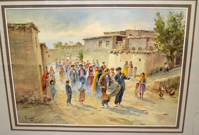 SUMBAT DER KIUREGHIAN ORIGINAL WATERCOLOR 1985: Sumbat Der Kiureghian (Iranian watercolorist, 1913-1999). A descendant of 17th century Armenian settlers, Sumbat's paintings depict Armenian and Iranian lifestyles, folk traditions and landscapes in l