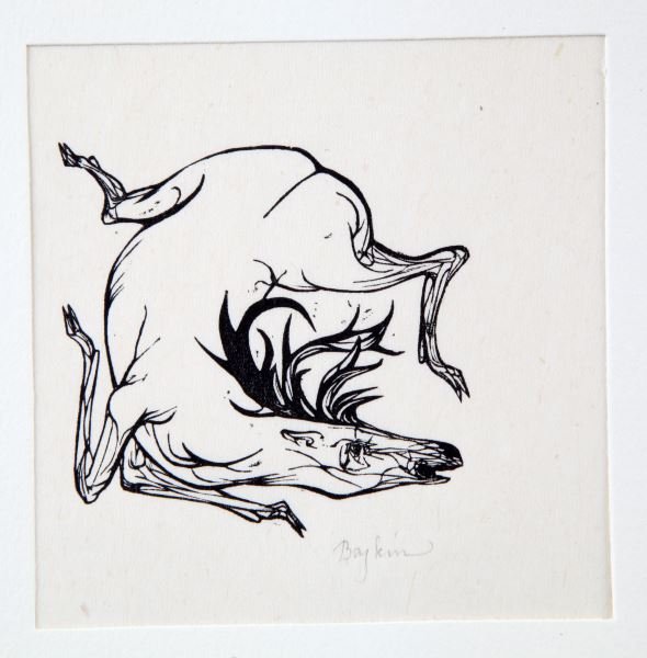 LEANOARD BASKIN STAG WOODCUT PRINT SIGNED: "Stag" by Leonard Baskin. This work depicts a contorted horse. This piece was printed on a somewhat translucent sheet and is framed within a card frame. Item is signed in pencil on the lower right. Th