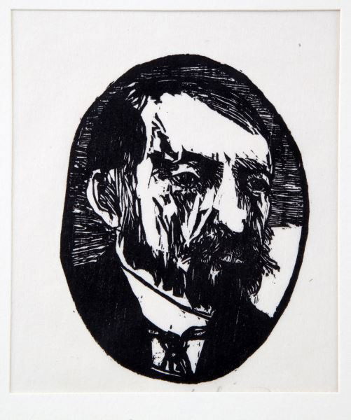 THOMAS EAKINS WOODCUT PRINT BY LEONARD BASKIN: Signed woodcut print of Thomas Eakins by Leonard Baskin. Leonard was an American artist born in 1922, best known for his woodcuts and etchings. This image may have been from a series he made on 19th c