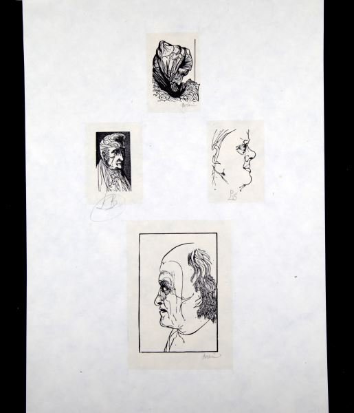PORTRAIT SHEET BY LEONARD BASKIN SIGNED: Sheet with four different portraits created by Leonard Baskin. They are in various sizes and depict various people in 3/4 and profile view. Each image is signed. The sheet measures 13.5 by 9.25 inches