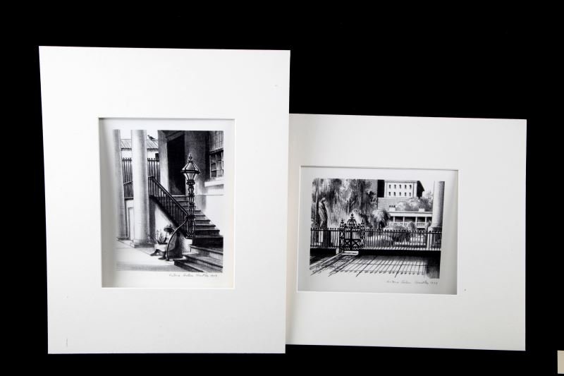 LOT TWO CHARLESTON SCENES BY VICTORIA H HUNTLEY: Lot of two untitled Charleston, South Carolina, lithographs by Victoria H Huntley. The vertically oriented image depicts a figure sitting in front of a stairway. The horizontally oriented image depict