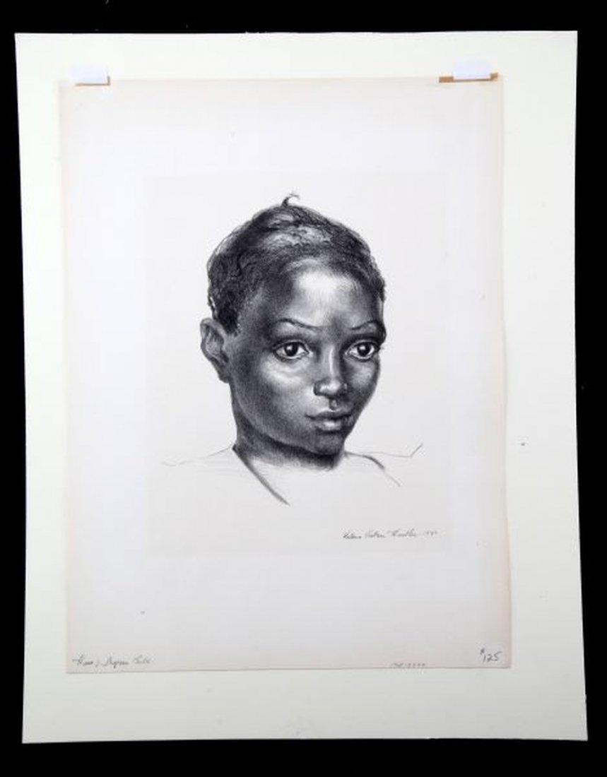 HEAD OF NEGRO CHILD VICTORIA H HUNTLEY LITHO: "Head of Negro Child" by Victoria Huston Huntley signed and dated to 1942. The work is mounted on card which measures 19 by 15 inches. Victoria Ebbles Huston Huntley (1900-1971) was an American artist