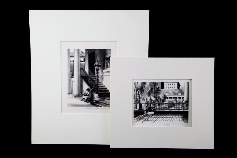 TWO VICTORIA H HUNTLEY CHARLESTON SCENES LITHO: Lot of two untitled Charleston, South Carolina, lithographs by Victoria H Huntley. The vertically oriented image depicts a figure sitting in front of a stairway. The horizontally oriented image depict
