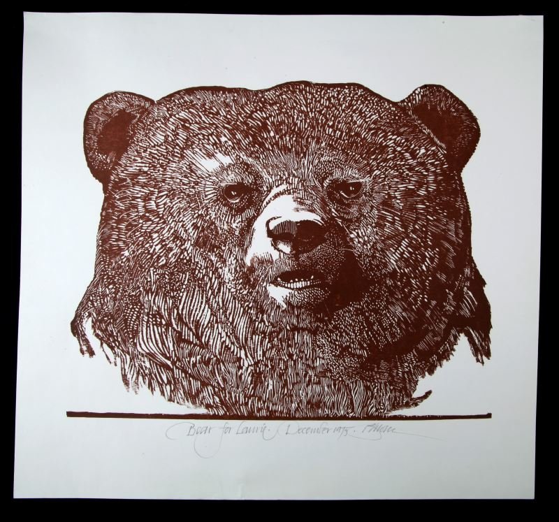 BROWN BEAR WOODCUT PRINT BY BARRY MOSER SIGNED: Brown Bear woodcut print by Barry Moser. On the bottom of the work there is text that reads: "Bead for Laurie December 1975" followed by his signature. The work is unframed and measures 13.5 by 14.5 i