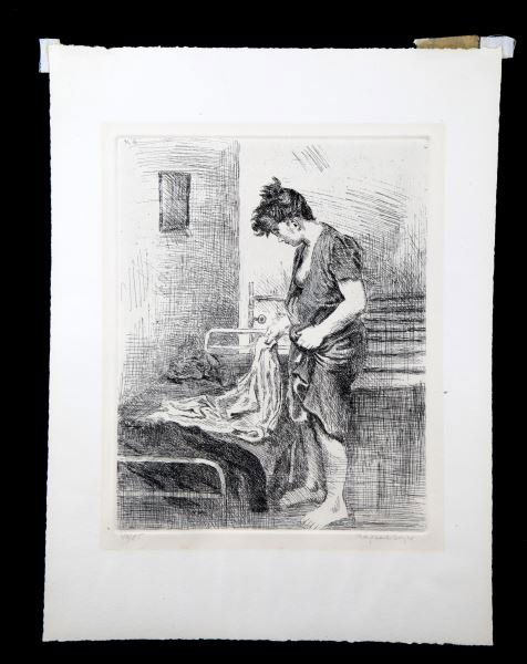 SIGNED RAPHAEL SOYER LITHOGRAPH 40/85: Signed lithograph by Raphael Soyer, depicting a woman getting out of bed. The work is in black and white, and unframed. In very good condition. 15 by 11 inches. Raphael Soyer (1899-1987) was a Russian