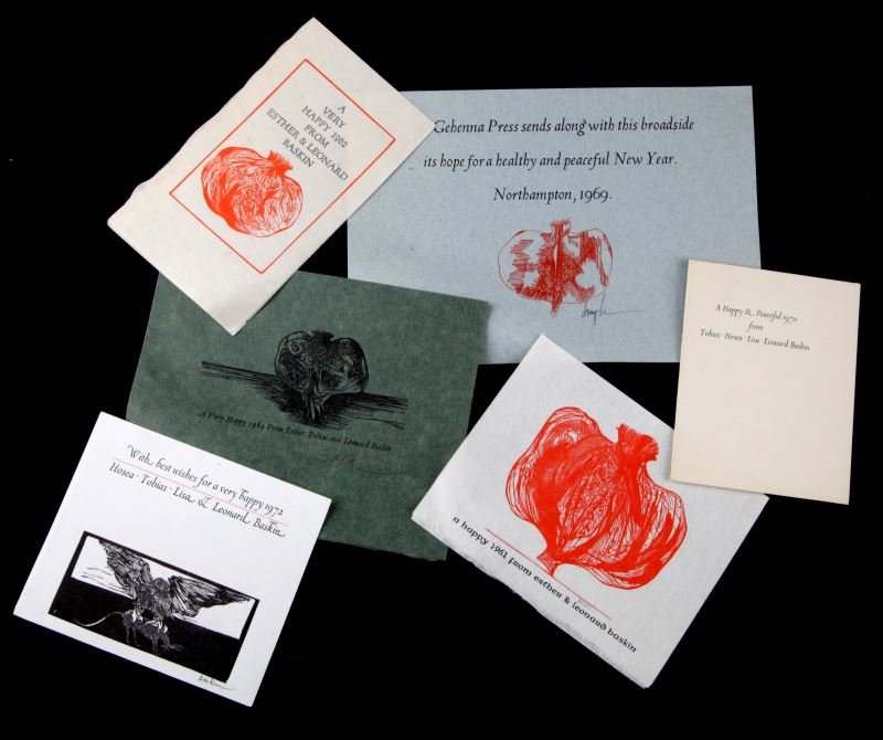 LEONARD BASKIN SIGNED VINTAGE GREETING CARDS: Lot of 6 greeting cards signed and illustrated by Leonard Baskin. The earliest card is dated to 1961, the latest card is 1972. Each greeting card has a different is printed on different types of paper