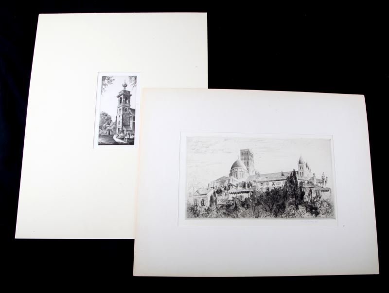 TWO JOHN TAYLOR ARMS PENCIL SIGNED ETCHINGS: Included is"The Cathedral of St. Pierre" pencil signed and dated (1924) in LR. Plate size is 6.25 by 11.25 inches. In very good condition with original backing board and matte cover with tissue paper.
